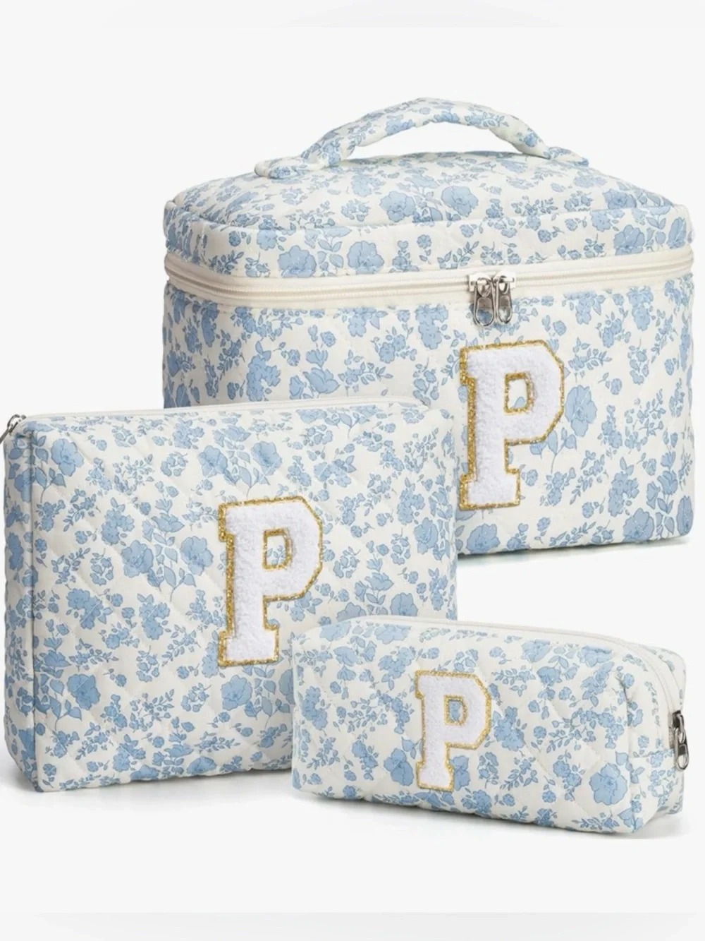 NEW Monogram P Initial Blue Floral Cosmetic Bag Set